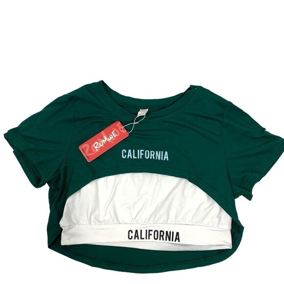 ROMWE California Hi-Low Short Sleeve Crop Top & Bra Top Green White Sz L NWT - Picture 1 of 10